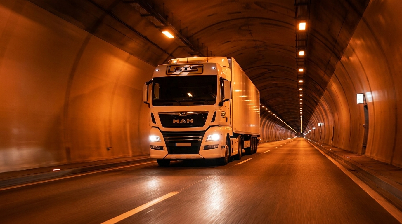 Camion MAN LGTS în tunel — transport internațional Europa