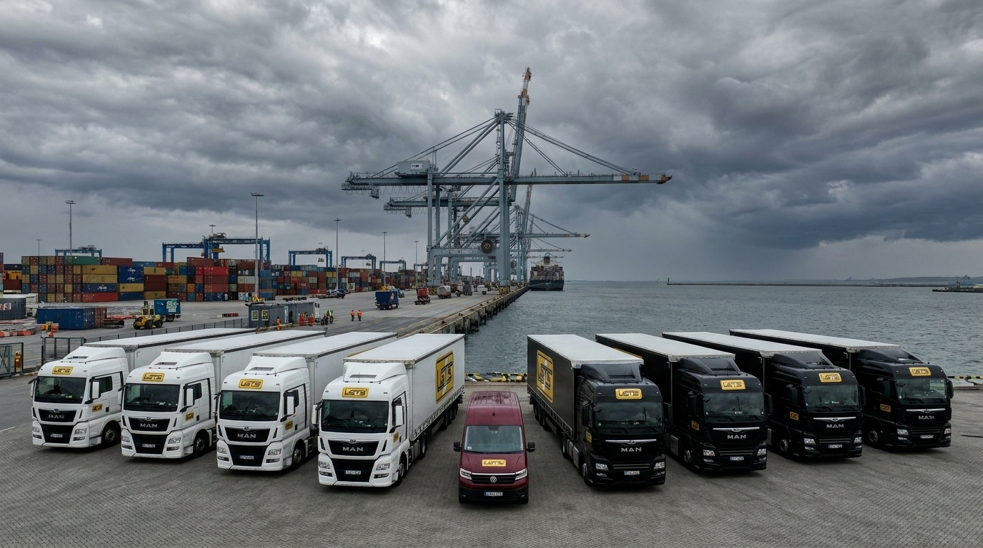 Flotă LGTS în port industrial cu containere și macarale